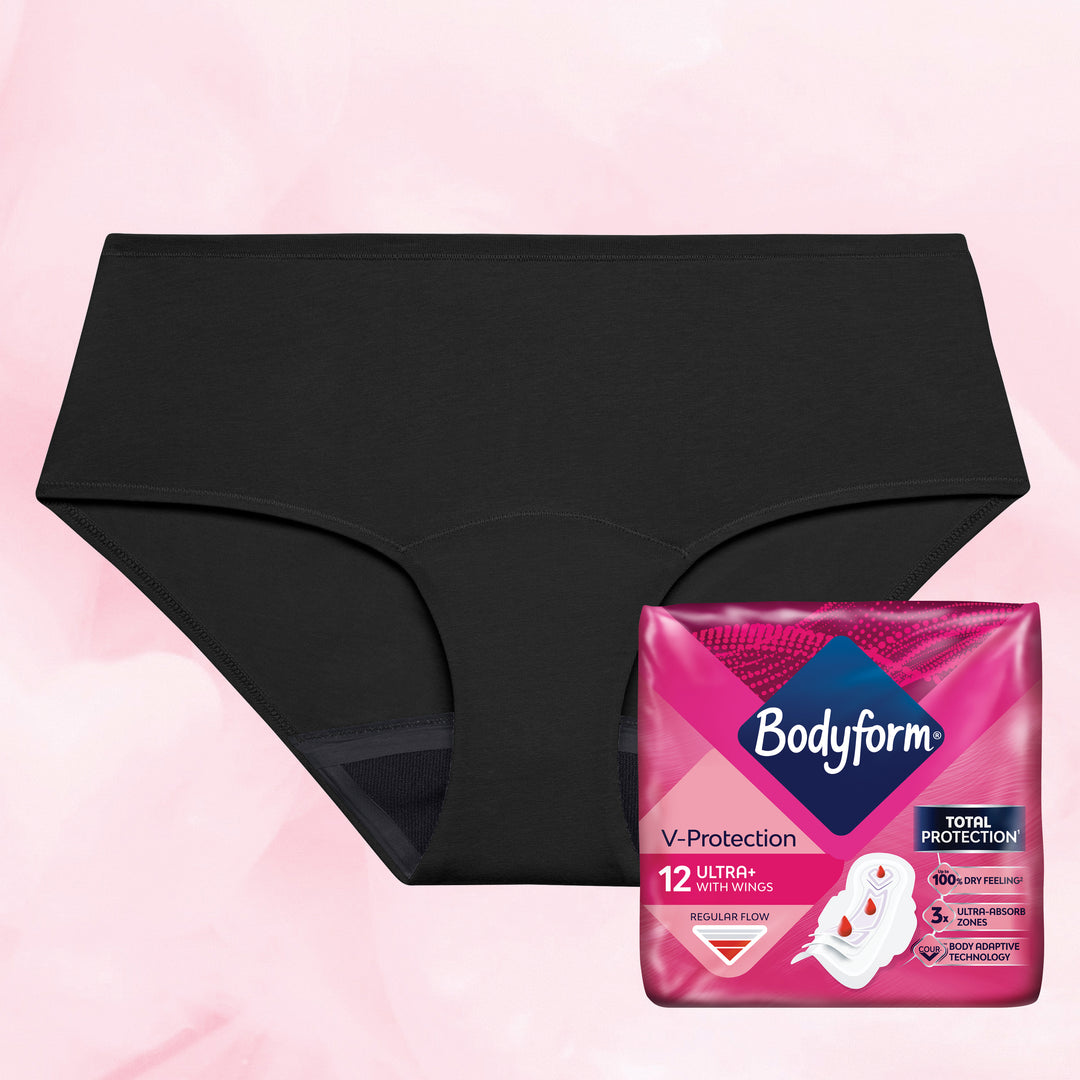 Good Day Bundle: Black period underwear with a pink package of pads, offering 12-hour protection and fast absorption for moderate to heavy flows.