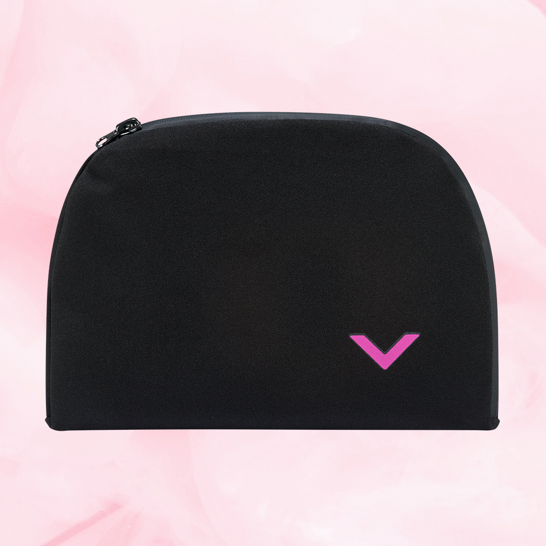 Travel bag with pink logo, featuring a zipper. Ideal for storing two pairs of undies. Suitable for travel, gym, and daily use.
