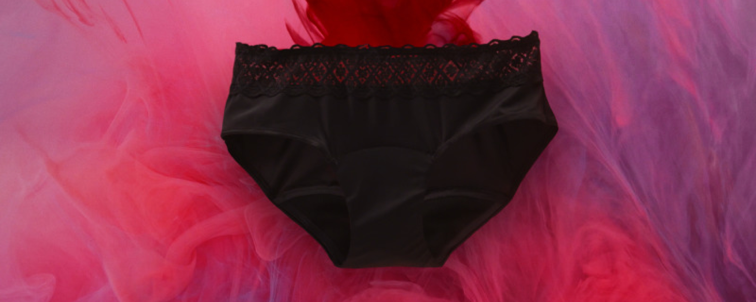 A pair of period pant on a fluid blood background.