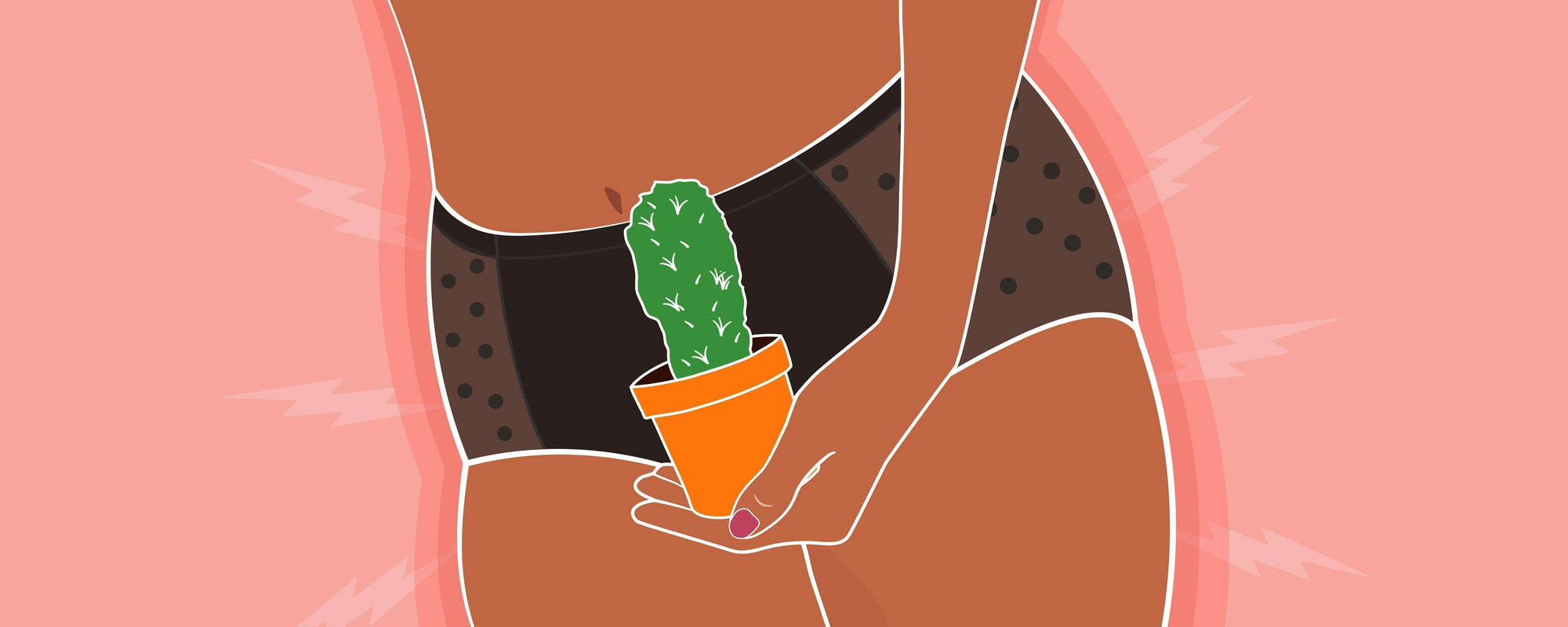 Person wearing period pants holding a potted cactus.