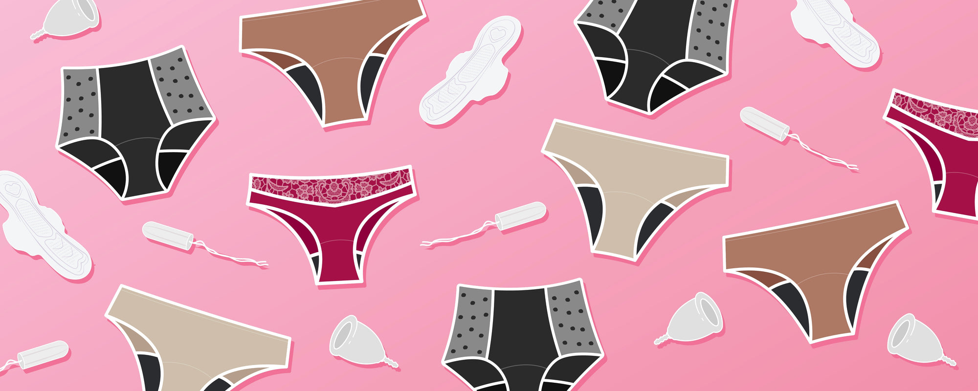 Pairs of period pants surrounded by pads, tampons and period cups.