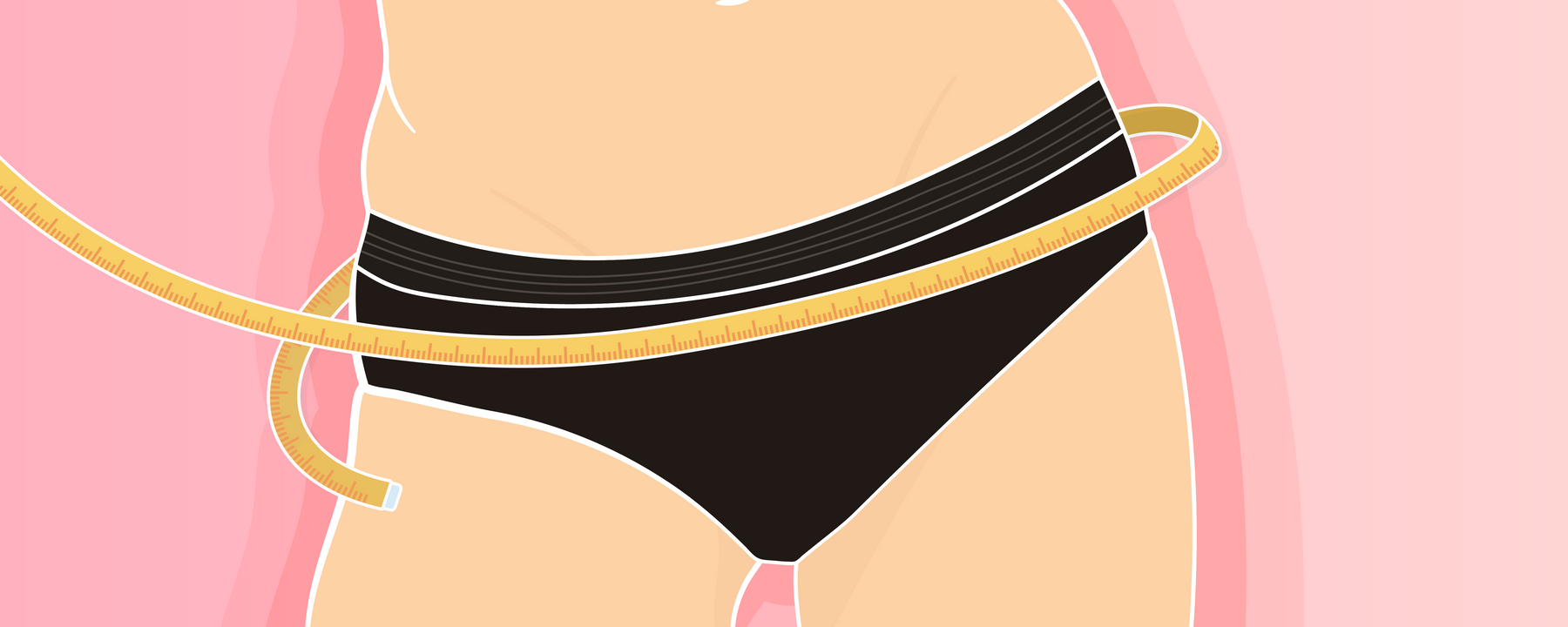 A person wearing black period underwear with a measuring tape wrapped around the hips.