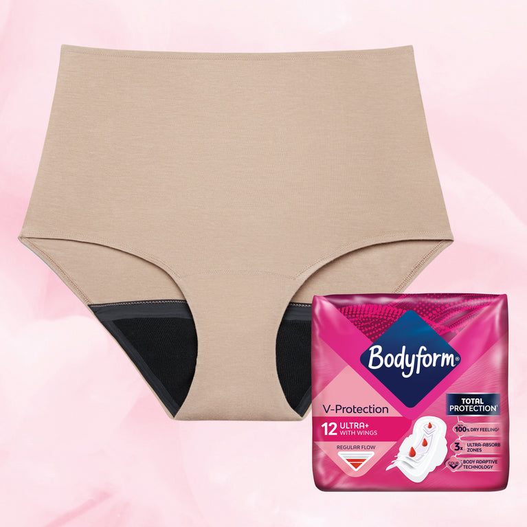 Premium Bundle featuring a close-up of women's period pants and packaging of Cour V Ultra Normal Towels, highlighting their comfort and absorption benefits.