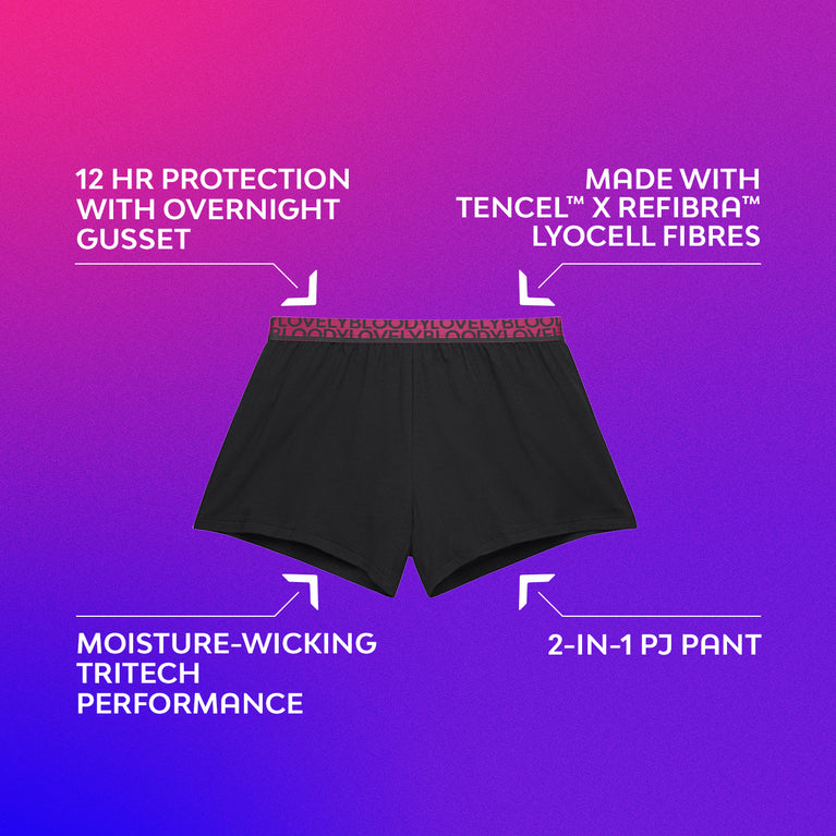 PJ Pants Overnight Sleepwear featuring black shorts with subtle white text, designed for leak-proof comfort and secure fit during sleep on any side.