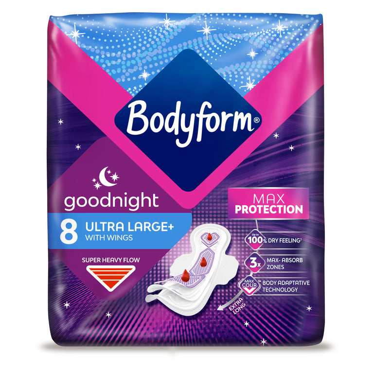 The Good Night Bundle - 6 pack features a sanitary pad close-up, emphasizing nighttime protection for heavy flows with ComfortFit and Bodyform Max Cour-V options.