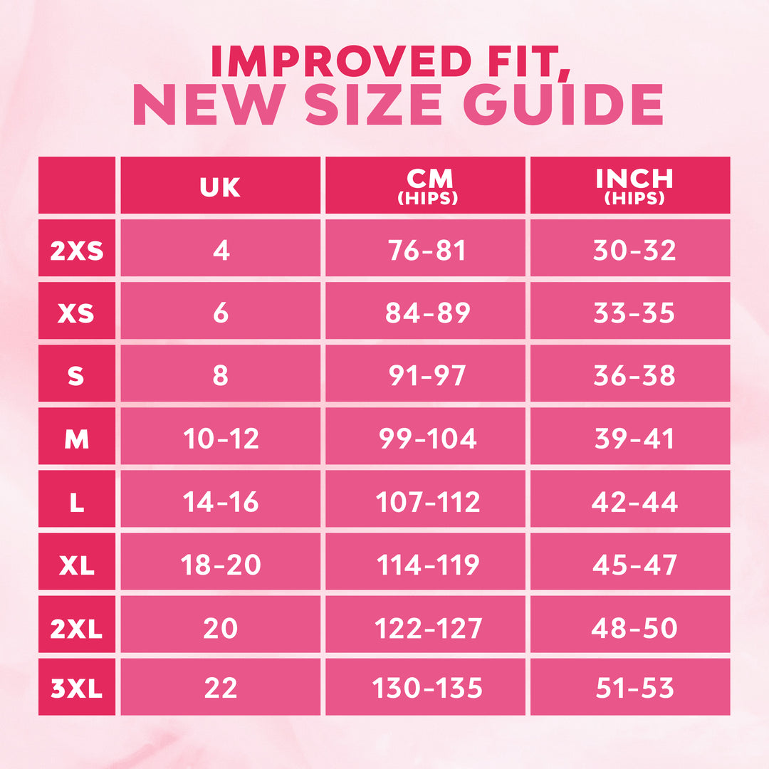 ComfortFit Sleepwear High Waist size chart in pink and white, detailing measurements for optimal fit and comfort during menstruation.