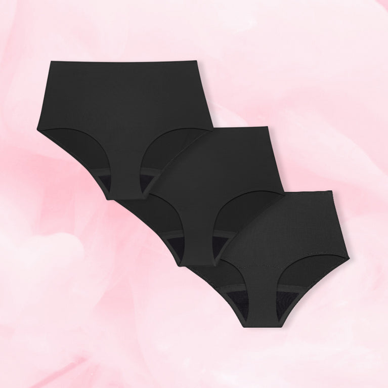 High Waist Discovery Set featuring three ComfortFit High Waist period pants, each offering different absorbencies for full flow coverage and reliable comfort.