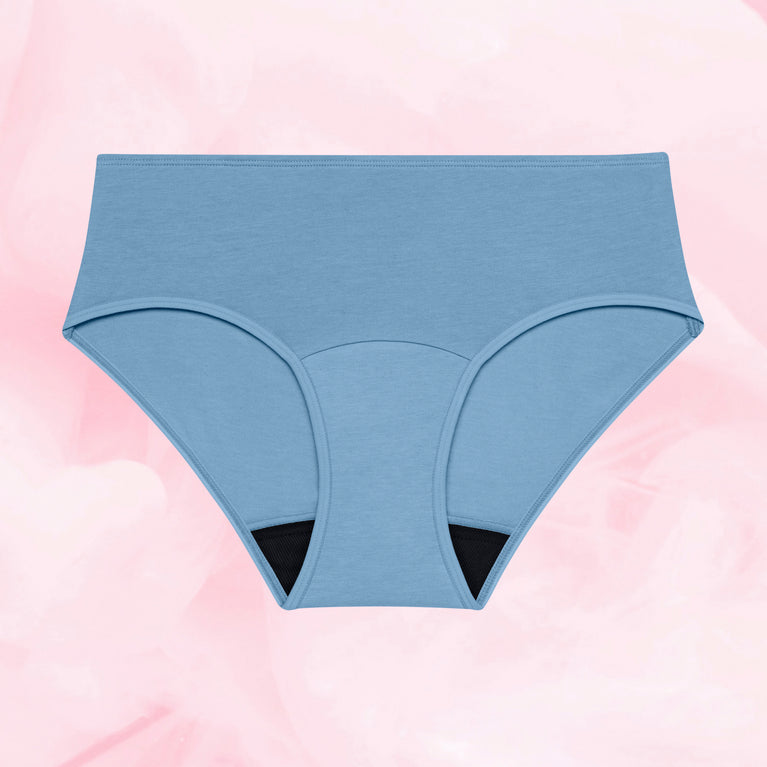 Teens Hipster Moderate period panties, mid-high waist, absorbent panel visible.