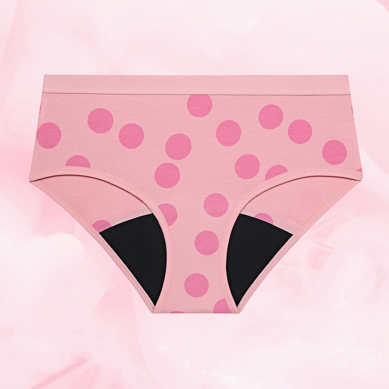 Teen Hipster Print (3 Pack) Heavy period pants - includes black, pink, and orange designs with a V pattern; offers comfort and heavy absorbency for girls.