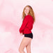 Teens Hipster Moderate: Young person smiling in red hoodie, black briefs.