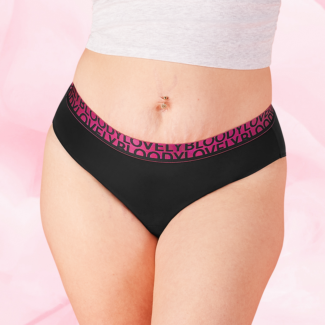 ComfortFit High Leg Moderate period pants with “BLOODY LOVELY” waistband.