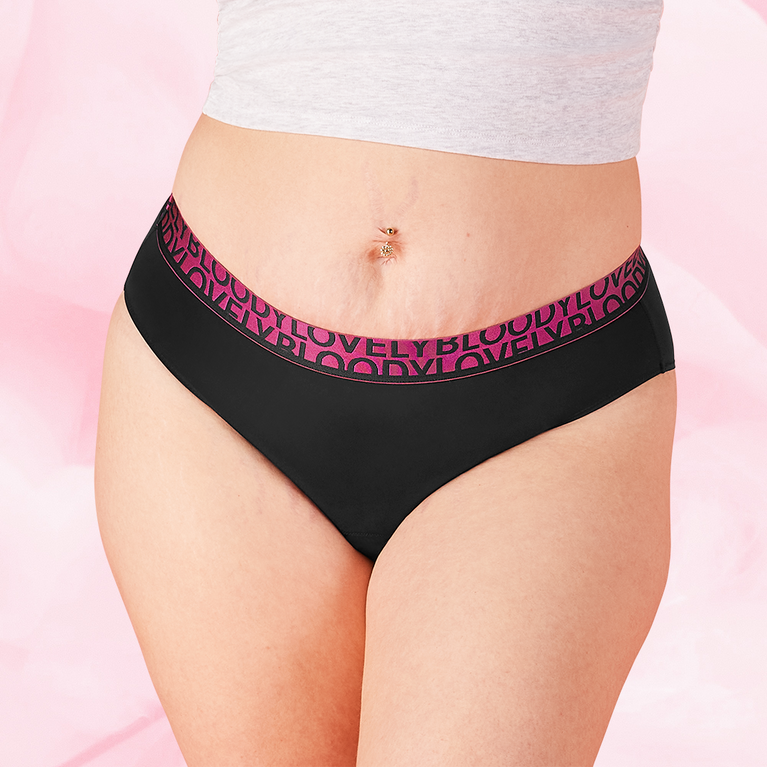 ComfortFit High Leg Moderate period pants with “BLOODY LOVELY” waistband.