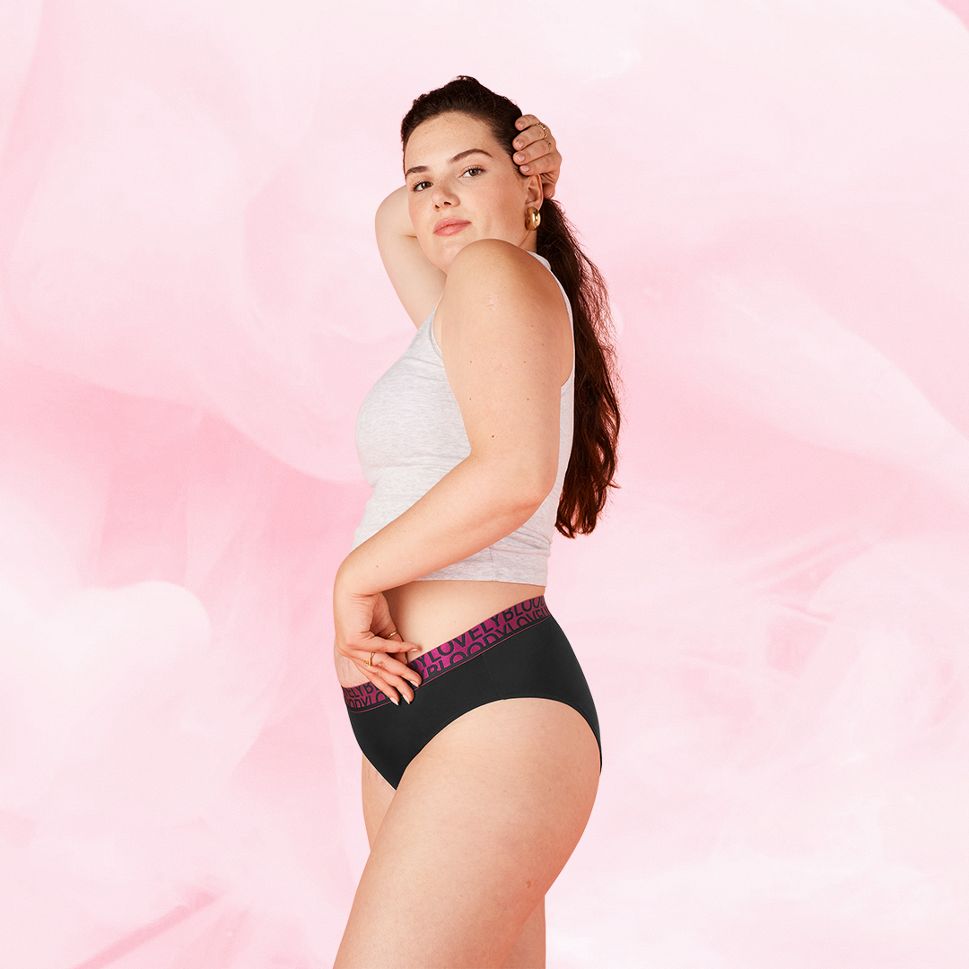 ComfortFit High Leg Light period pants modeled in profile view.