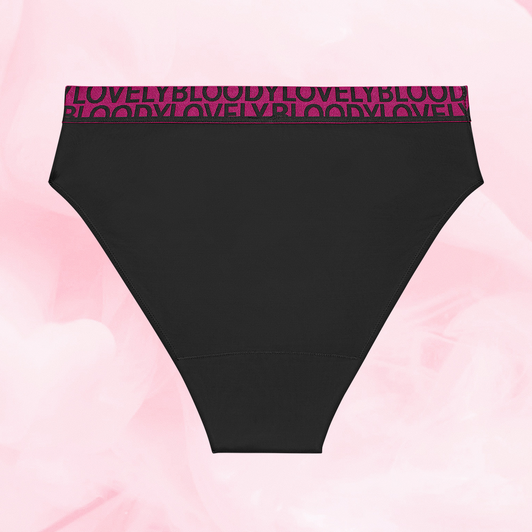 ComfortFit High Leg Heavy period panties with magenta waistband detailing.