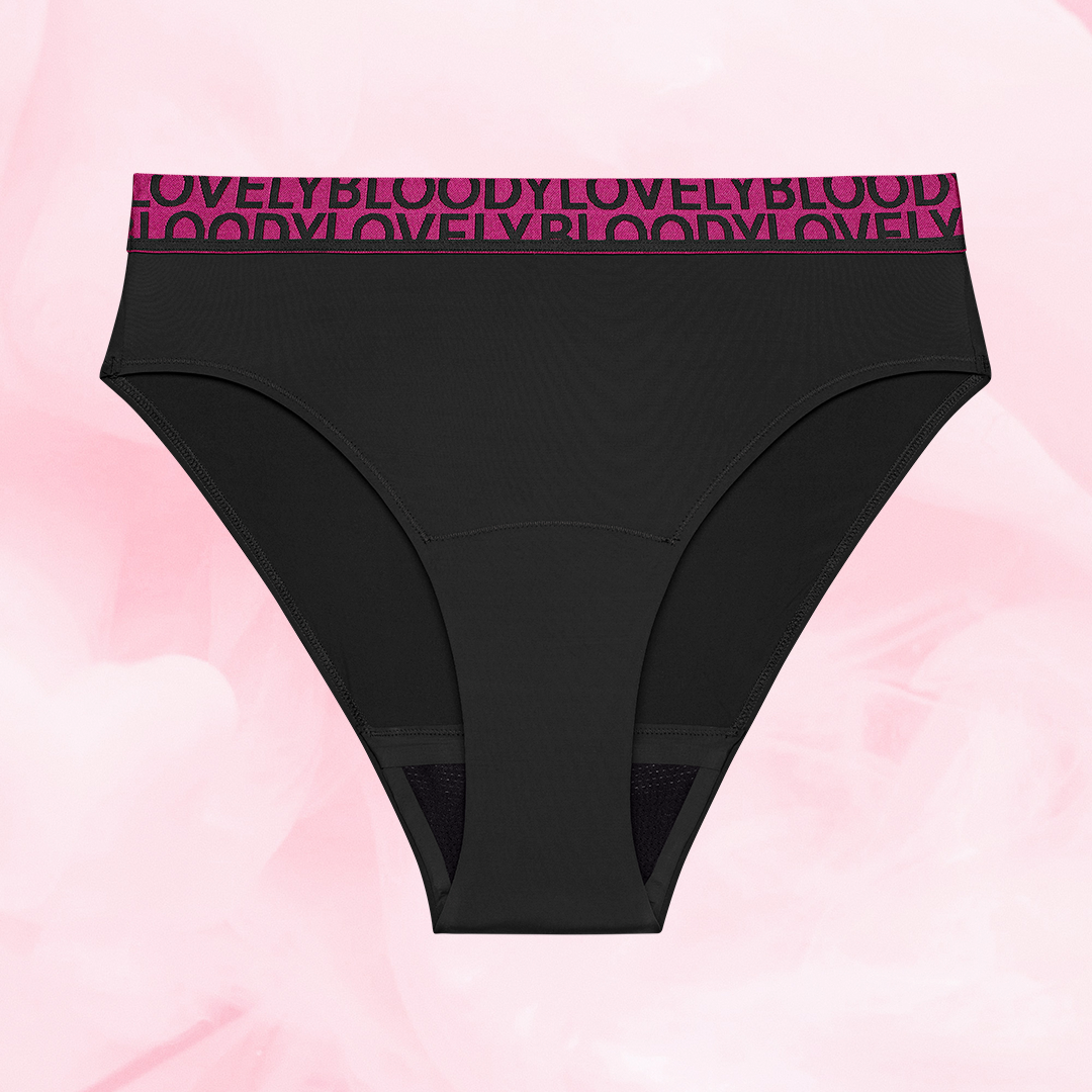 ComfortFit High Leg Heavy period briefs with magenta BLOODY LOVELY waistband.