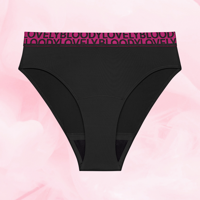 ComfortFit High Leg Heavy period briefs with magenta BLOODY LOVELY waistband.