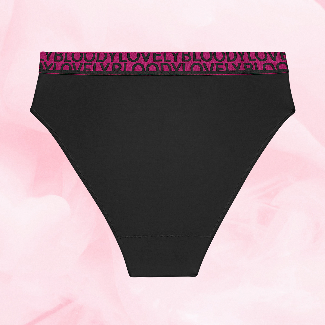 ComfortFit High Leg Moderate women's underwear with fuchsia waistband text BLOODY LOVELY.