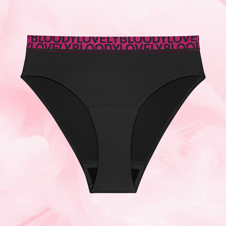 ComfortFit High Leg Moderate briefs with BLOODY LOVELY waistband.
