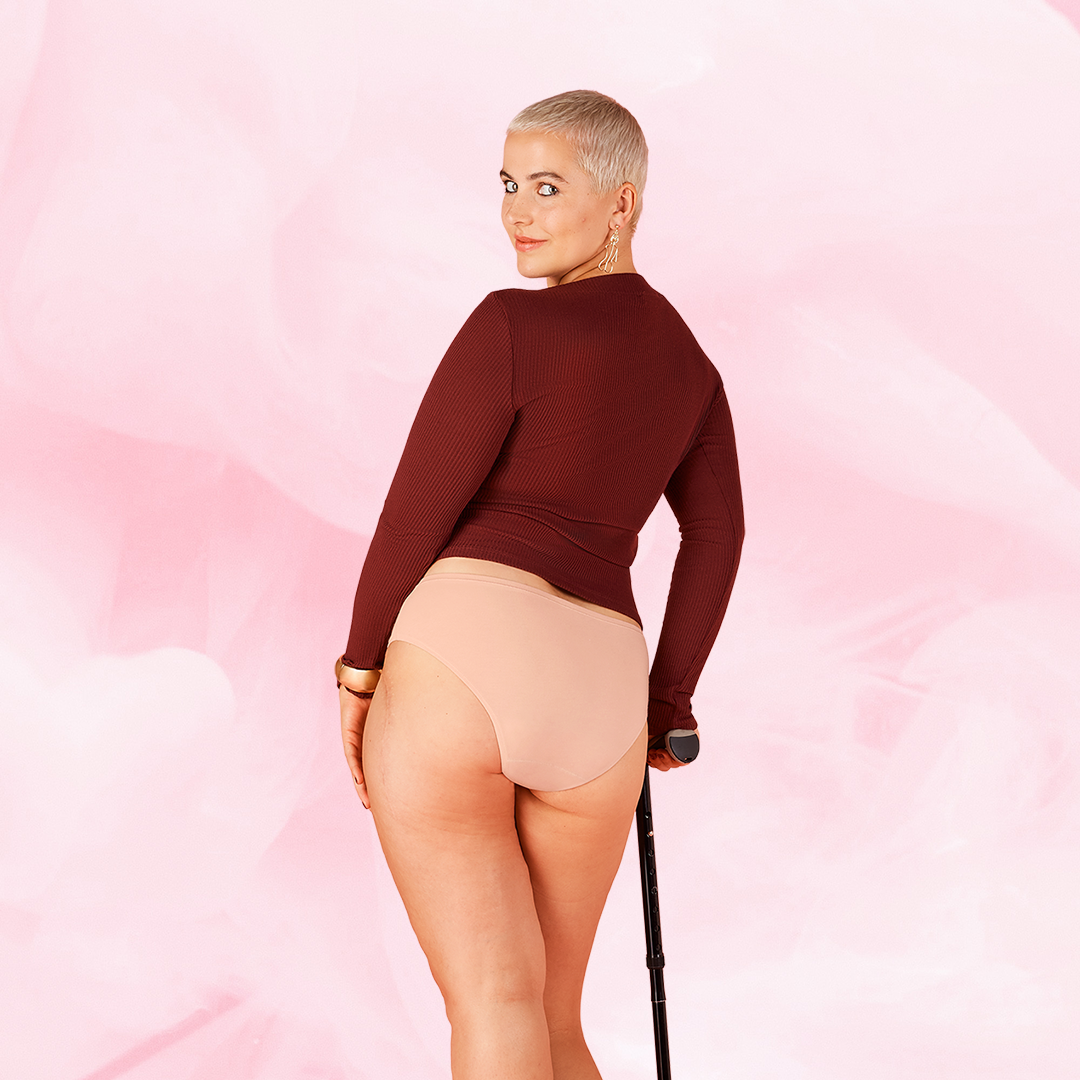 ComfortFit Essentials Brazilian Heavy period pants showcased on a model, highlighting their snug fit and Brazilian cut for discreet, reliable protection during periods.