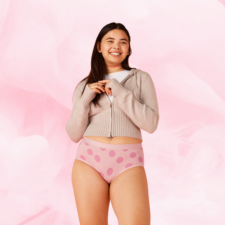 Teen Hipster Print (3 Pack) Heavy period pants, featuring a hipster cut with a unique design, ideal for comfort and heavy absorbency with organic cotton material.
