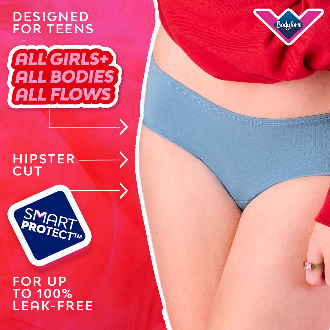 Teens Hipster Heavy underwear with Smart Protect™ for leak-free comfort.