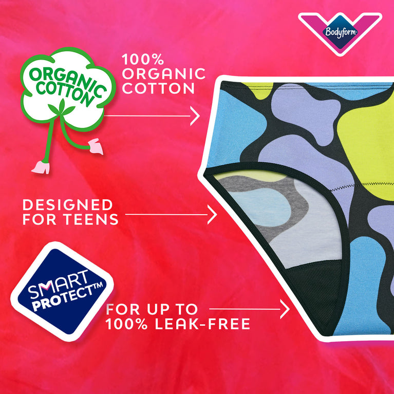 Teens Hipster Heavy underwear, 100% organic cotton, leak-proof, teen-focused design.