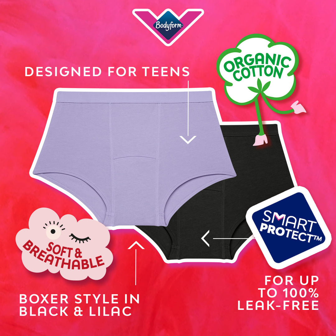 Teens Boxer Heavy underwear, organic cotton, soft, breathable, leak-free protection.