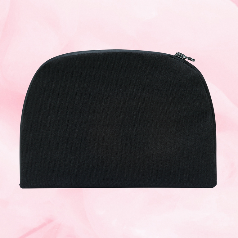 Travel bag designed for storing essentials, features a compact, durable design, ideal for travel or gym use, visible as a sleek black accessory.