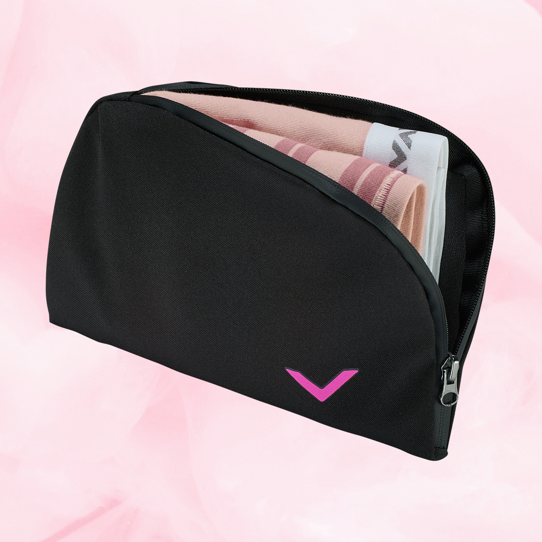 Travel bag featuring a pink logo, holding pink and white towels, with a functional zipper, designed for storing two pairs of underwear.